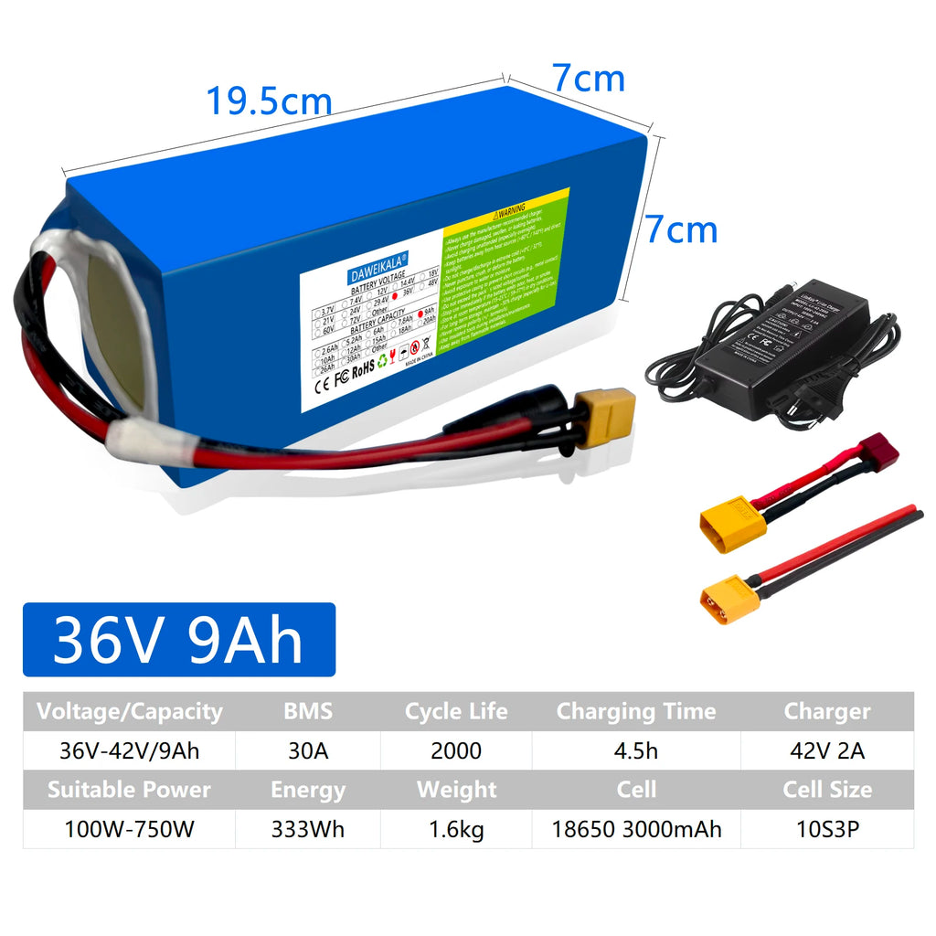 36V 18AH 15AH 12AH 9AH Rechargeable BMS Lithium Battery Pack